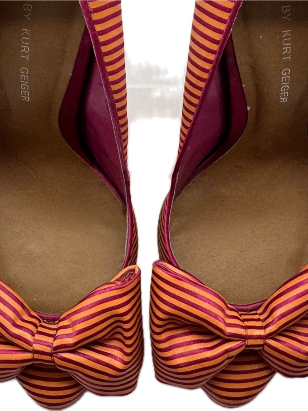 Kurt Geiger Carvela Gold Pink Striped Satin Statement Bow 4 " Heels Shoes 7 (38)